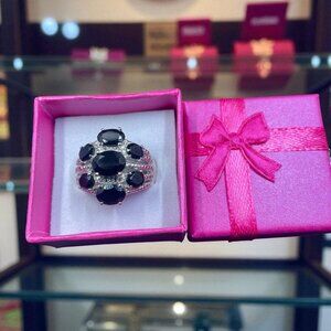 STS Silver Tone Black Stone Cocktail Ring Gothic Royalcore Statement‎ NWOT